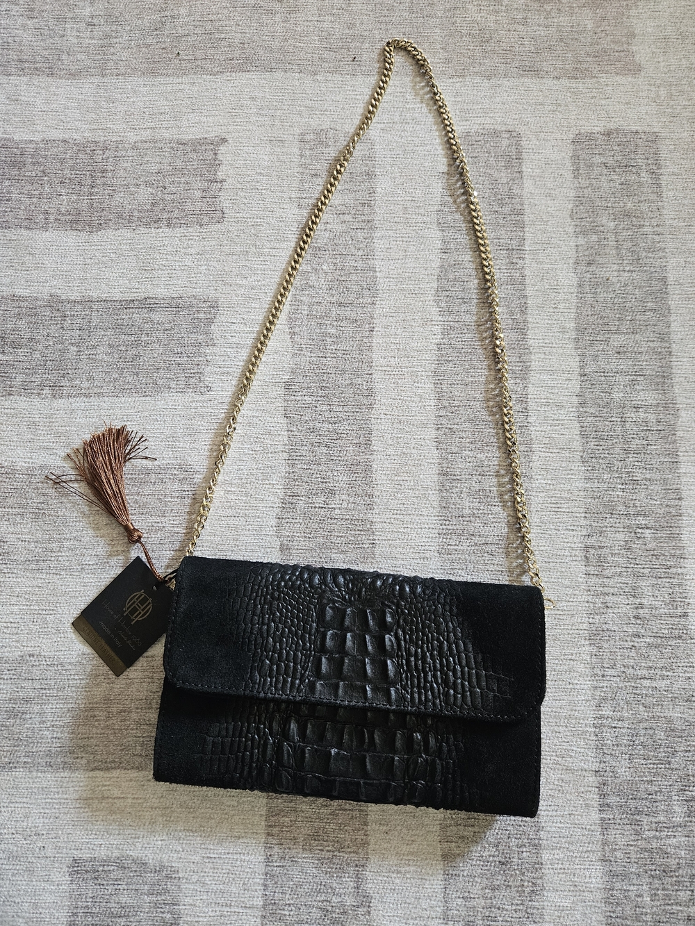NEW House of Harlow 1960 Black 100% Real Italian Leather Croc Chain Clutch Purse